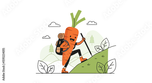 Happy Carrot Character Hiking Up A Hill With Backpack And Stick Outdoors