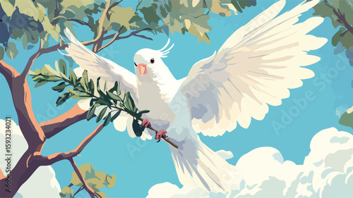 Peaceful white dove with olive branch