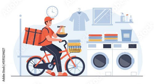 Fast Food Delivery Guy In Laundry Room With Washing Machine Background Concept