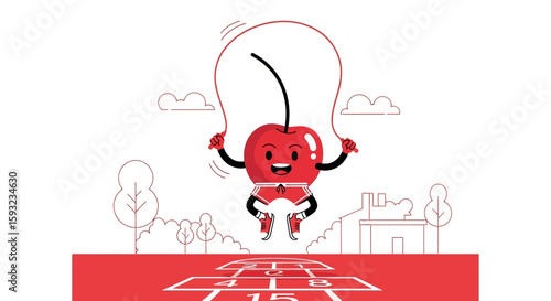 Happy Cherry Character Enjoying Outdoor Fun Leaping Over Hopscotch With A Jump Rope