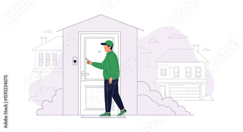 Delivery Man Rings Doorbell At Suburban Home Delivering Packages Safely
