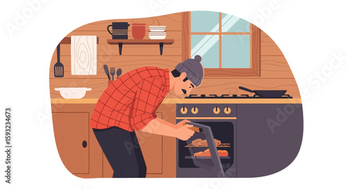 Man Checking Food In The Oven Wearing A Flannel Shirt And Beanie