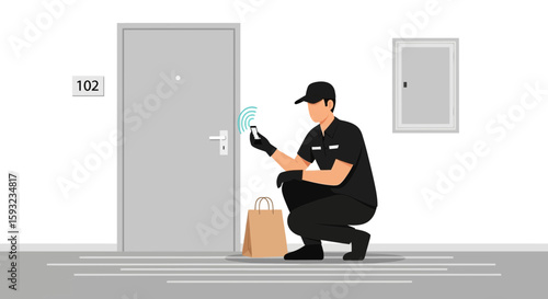 Delivery Man Using Smart Technology To Unlock Home Entrance For Package Drop