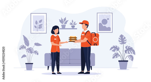 Fast Food Delivery Service Man Delivering Order To A Female Customer At Home
