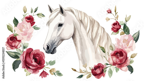 Majestic White Mustang Unicorn Watercolor Portrait