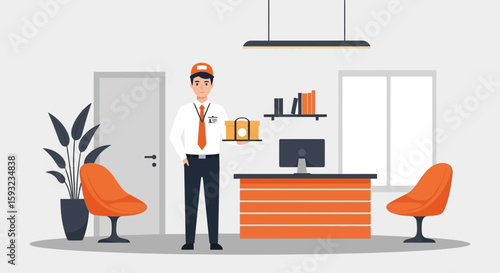Delivery Person Arriving At The Office With Lunch Order For Employee