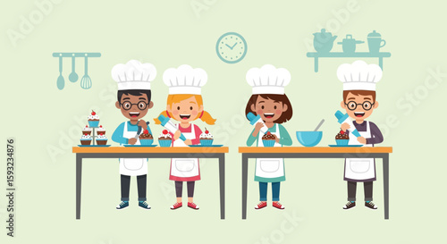 Happy Children Learning Culinary Skills Decorating Cupcakes In A Cooking Class