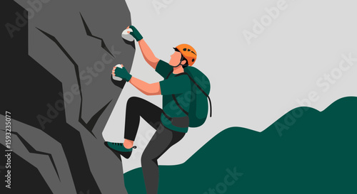 Man Climbing Rock Mountain With Safety Gear And Backpack Outdoor Adventure