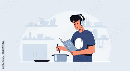 Man Cooking Following a Recipe with Headphones in a Modern Kitchen