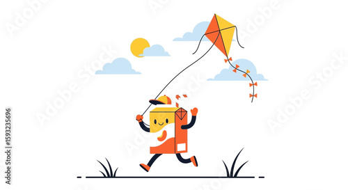 Happy Delivery Box Flying A Kite In A Sunny Cartoon Landscape Illustration
