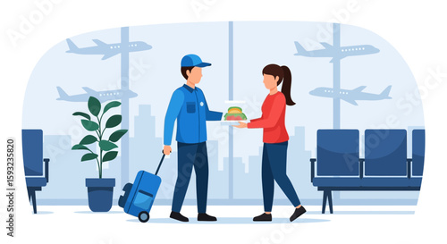 Delivery Service Man Delivers Food To Woman At Airport With Airplanes In Background