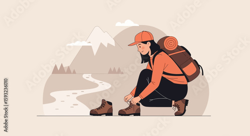 Female Hiker Preparing Boots For Adventure In Mountains Minimalist Vector Illustration