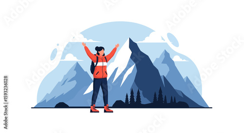 Female Hiker Reaching Mountain Peak Celebrating Adventure And Conquering Challenges