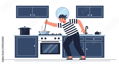 Man Cooks With Enthusiasm In The Kitchen At Home Preparing Dinner