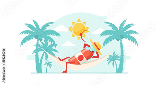 Happy Drink Relaxing On Hammock Under Palm Trees In Tropical Paradise Island