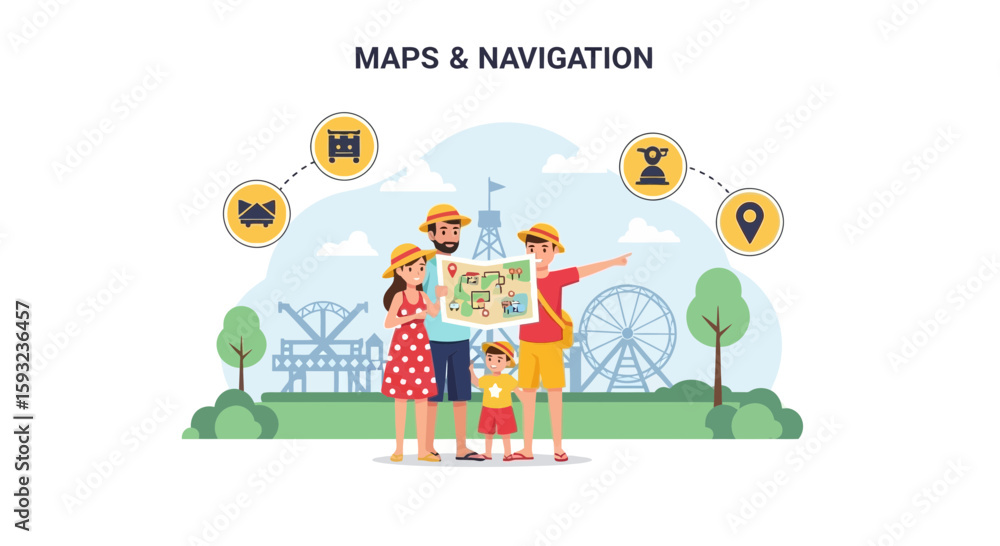 Obraz premium Happy Family Exploring Amusement Park Using Map For Holiday Adventures Together