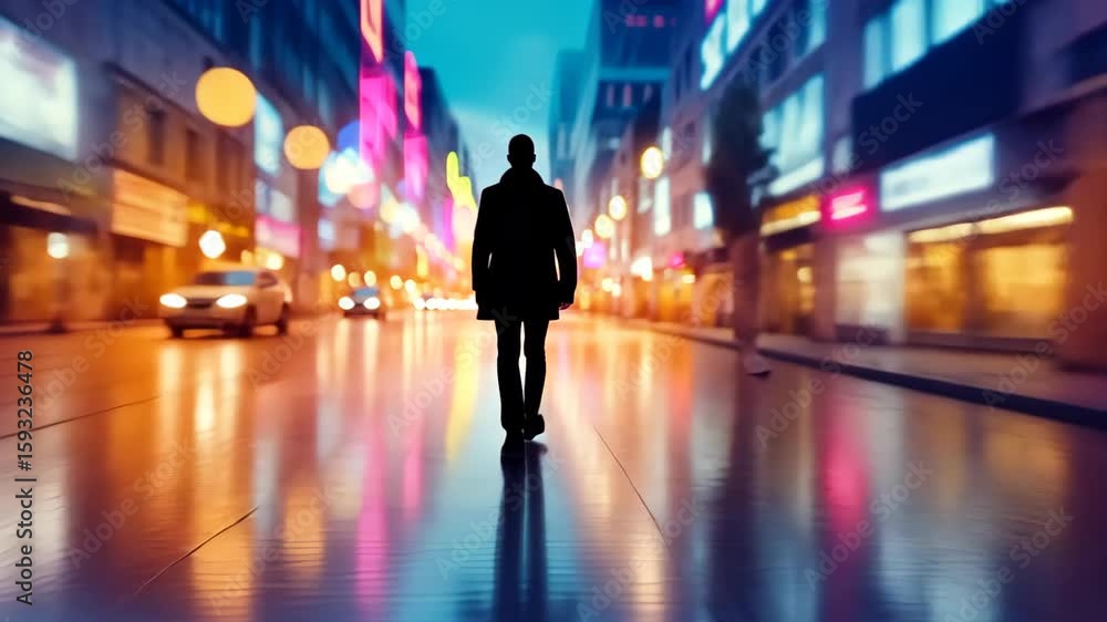 City Silhouette: A solitary figure strides down a neon-lit city street, the vibrant glow of the cityscape mirroring the introspection of urban life. City Silhouette: A solitary figure strides down a neon-lit city street, the vibrant glow of the cityscape mirroring the introspection of urban life.