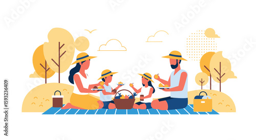 Happy Family Enjoying Relaxing Picnic Outdoor Together On Sunny Day Illustration