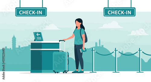 Female Traveler Checking In At Airport With Luggage And City View