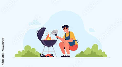Man Enjoying A Relaxing Summer Barbecue Grilling Meat With Fan In A Garden