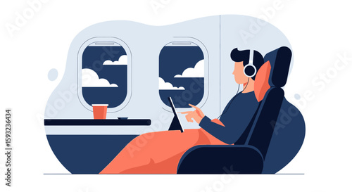 Man Enjoying Airplane Flight With Entertainment And Beautiful Cloud Views