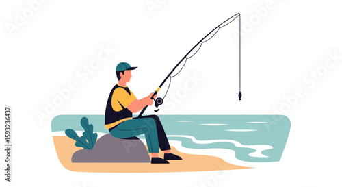 Man Enjoying A Serene Coastal Fishing Activity While Relaxing Near The Shore