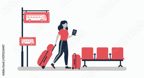 Female Traveler Waiting At Bus Stop Holding Passport With Luggage Ready To Go