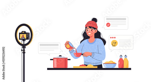 Female Vlogger Recording Cooking Show With Ring Light And Interaction Bubbles