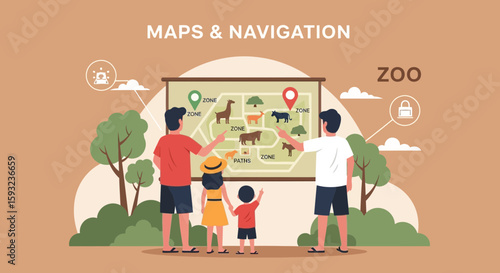 Happy Family Planning Their Visit With a Zoo Animal Map During Summer Vacation