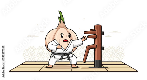 Determined Garlic Champion Practicing Martial Arts Skills On Wooden Dummy Trainer