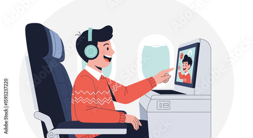 Man Enjoying Entertainment System While Traveling By Airplane Wearing Headphones