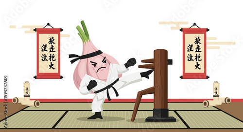 Determined Onion Martial Artist Training With Dummy In A Traditional Dojo Setting