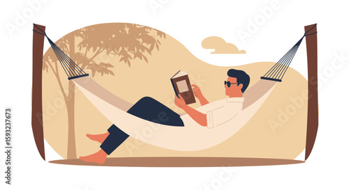 Man Enjoying Reading Book In Hammock On Summer Vacation Day Illustration