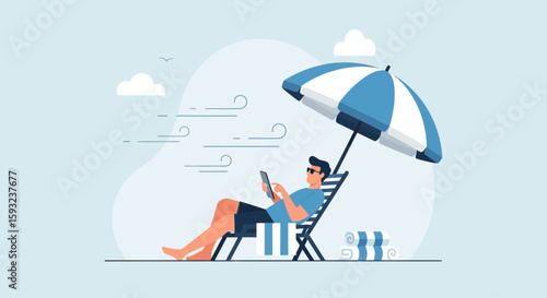 Man Enjoying Summer Vacation Reading Ebook On Beach Under Sunshade