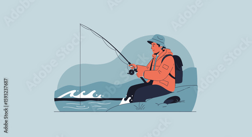 Man Enjoying Relaxing Fishing In Nature With A Rod And Backpack Outside