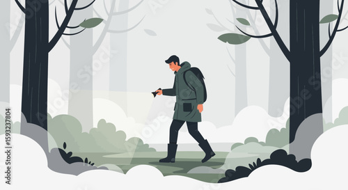 Man Exploring Foggy Forest Trail With Backpack And Flashlight Adventure