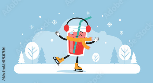 Festive Winter: Cartoon Drink Character Ice Skating On Snowy Landscape Scene