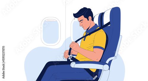 Man Fastening Seatbelt Before Flight Ensuring Passenger Safety And Following Airline Regulation