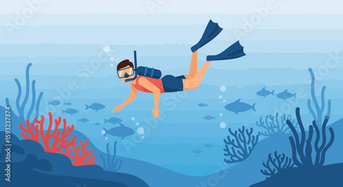 Man Exploring The Underwater World Scuba Diving In The Ocean Discovering Marine Life