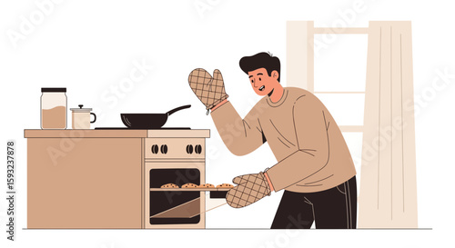 Happy Man Baking Cookies In The Kitchen Interior Illustration