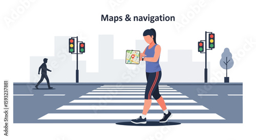 Digital Navigation And Healthy Lifestyle Female Jogger Using Tablet With Map