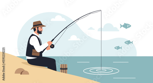 Man Fishing By The Lake In Vector Illustration On Sunny Day