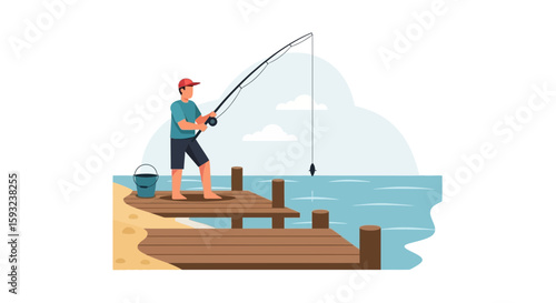 Man Fishing From Wooden Pier, Capturing Peaceful Outdoor Recreational Activity
