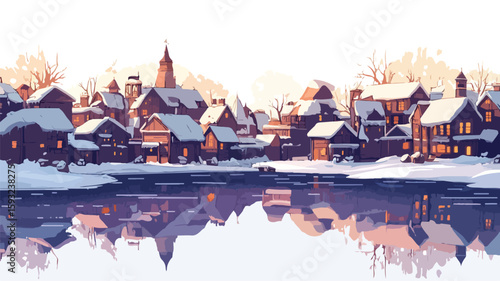 Festive Winter Town Building Border Illustration