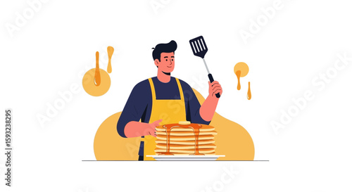 Happy Man Wearing Apron Cooking Pancakes With Maple Syrup On Kitchen Minimalist