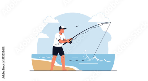 Man Fishing Near The Shore Catching a Fish In a Seascape Setting