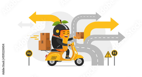 Happy Mango Delivery Mascot Riding Scooter Navigating Road Arrows Cartoon Illustration