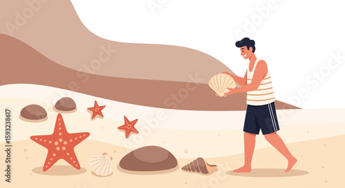 Man Found Sea Shells During Vacation On Tropical Sandy Seaside Beach