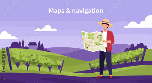Discovering Wine Route Through Vineyard Landscape With Detailed Map In Hand