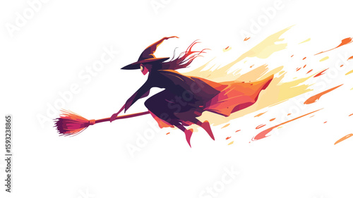 Witch Flying on Broomstick Cartoon Illustration